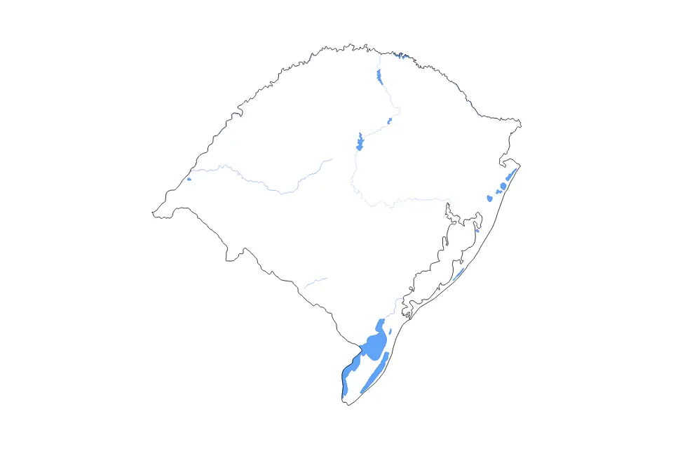 Mapa de Rio Grande do Sul, Brazil de tipo contorno, lagos y ríos para América del Sur, con contorno, lagos y ríos con elementos de agua como Lagoa Mangueira, Reservatório da Usina Hidrelétrica de Itá y Barragem Passo Real.