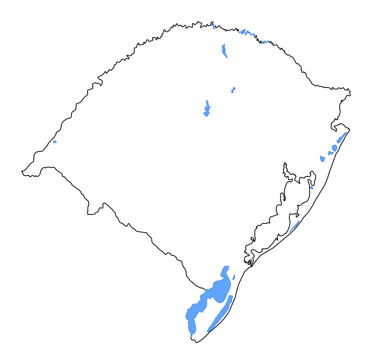 Mapa de contorno de Rio Grande do Sul, Brazil con lagos y ríos.