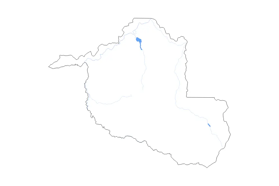 Outline map of Rondônia, Brazil with subdivision borders and major lakes and rivers.