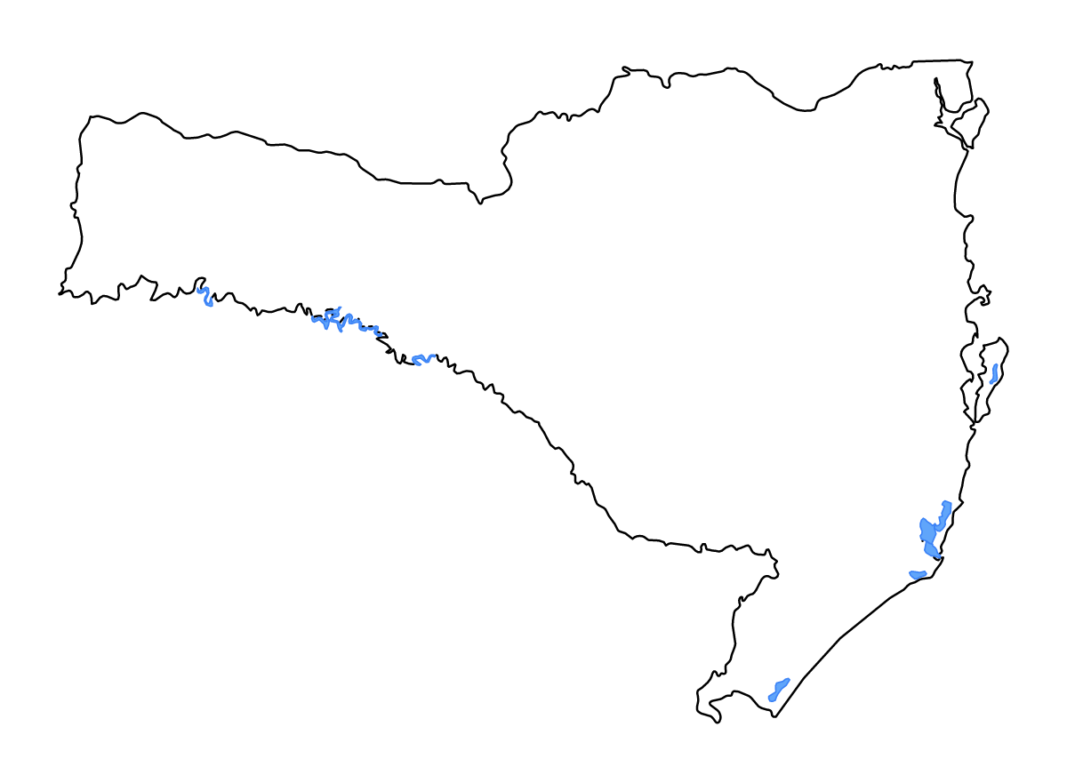 Mapa de contorno de Santa Catarina, Brazil con lagos y ríos.