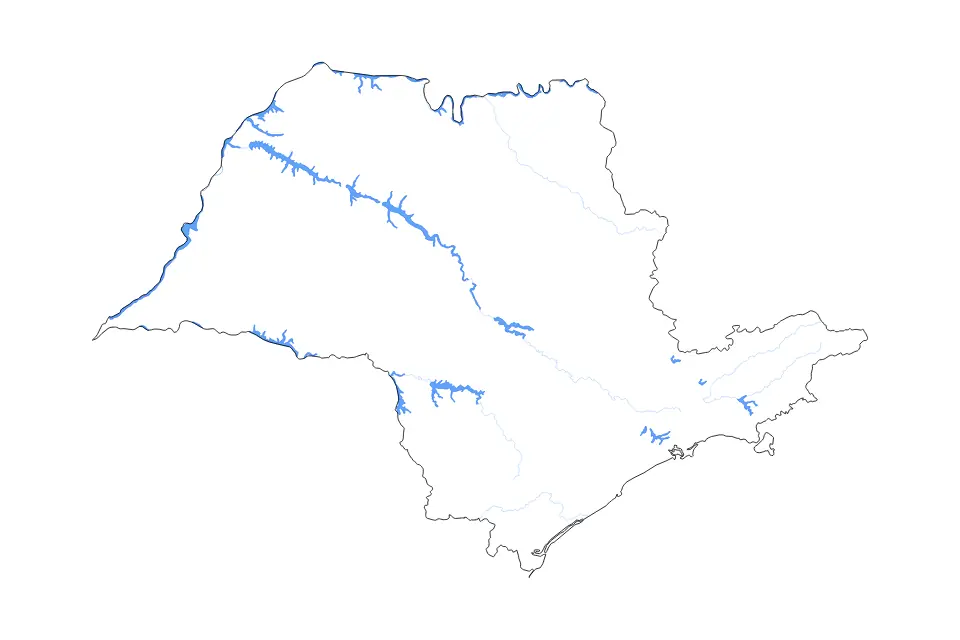 Carte de São Paulo, Brazil de type contour, lacs et rivières pour Amérique du Sud, montrant contour, lacs et rivières avec des éléments hydrographiques comme Represa de Rosana, Represa de Igarapava et Represa de Barra Bonita.