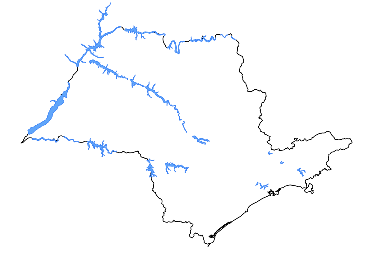 Mapa de contorno de São Paulo, Brazil con lagos y ríos.