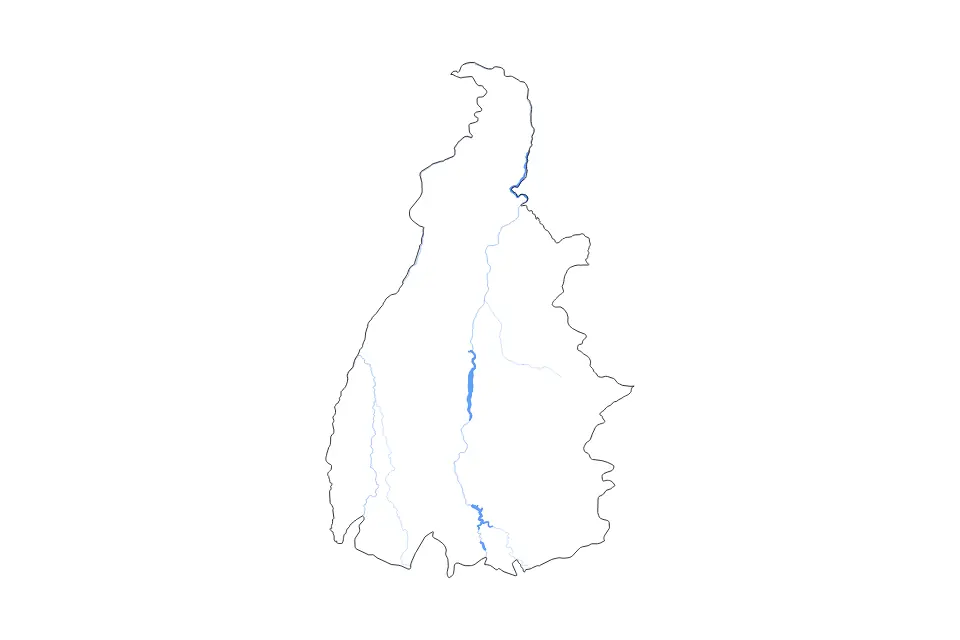 Outline map of Tocantins, Brazil with subdivision borders and major lakes and rivers.