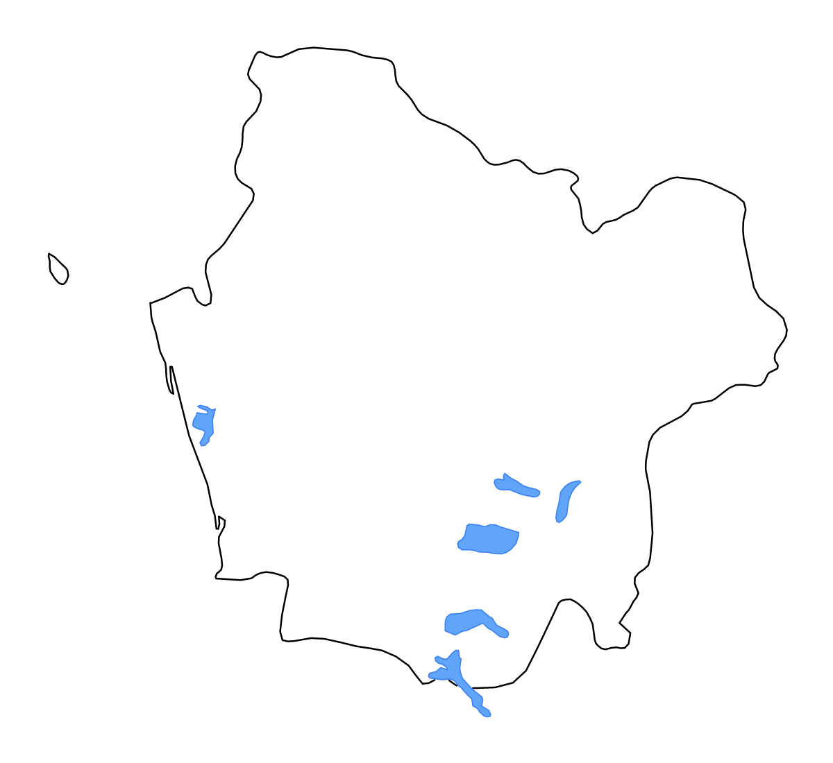 Mapa de contorno de Araucanía, Chile con lagos y ríos.