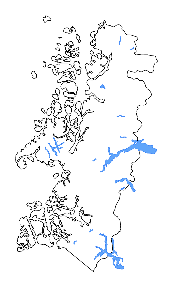 Mapa de contorno de Aysén, Chile con lagos y ríos.