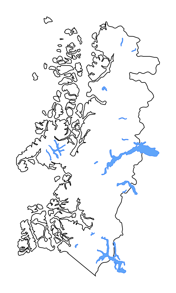 Mapa de contorno de Aysén, Chile con lagos y ríos.