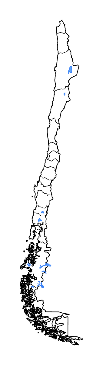 Mapa de contorno de Chile con límites administrativos internos, lagos y ríos.