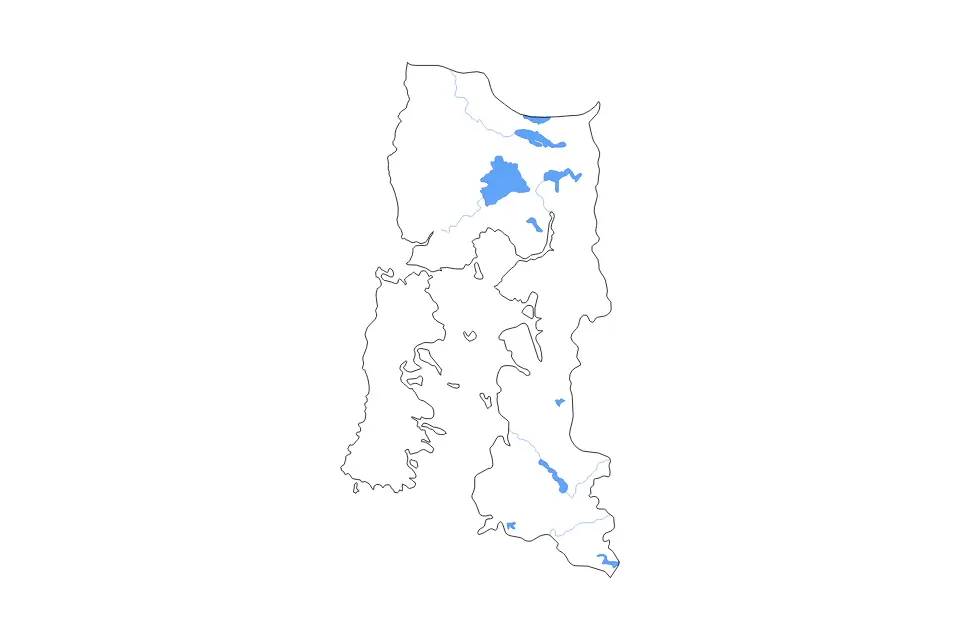 Outline map of Los Lagos, Chile with subdivision borders and major lakes and rivers.