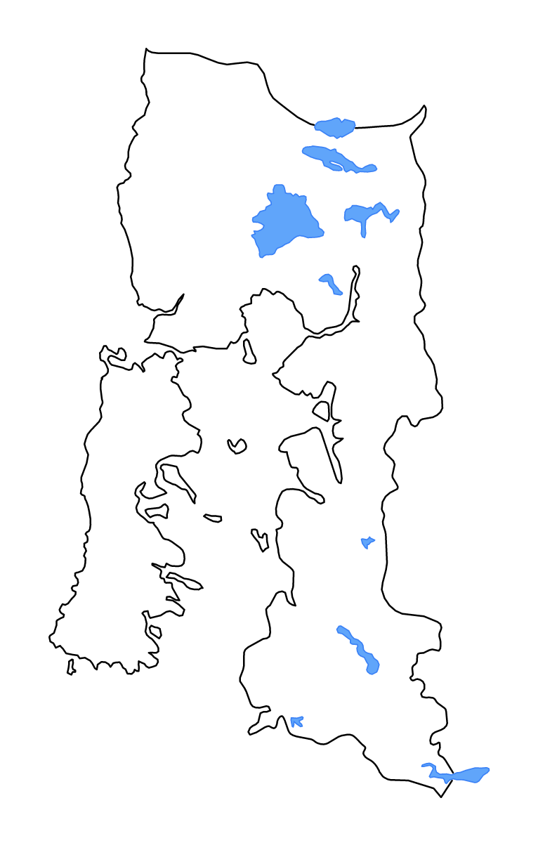 Mapa de contorno de Los Lagos, Chile con lagos y ríos.