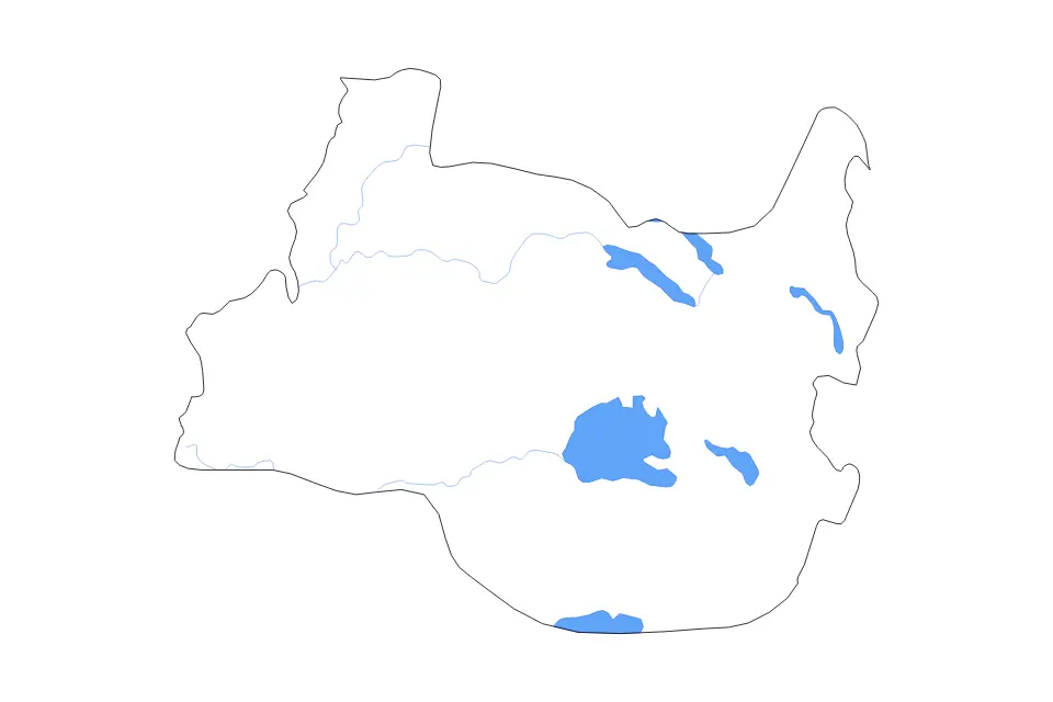 Outline map of Los Ríos, Chile with subdivision borders and major lakes and rivers.
