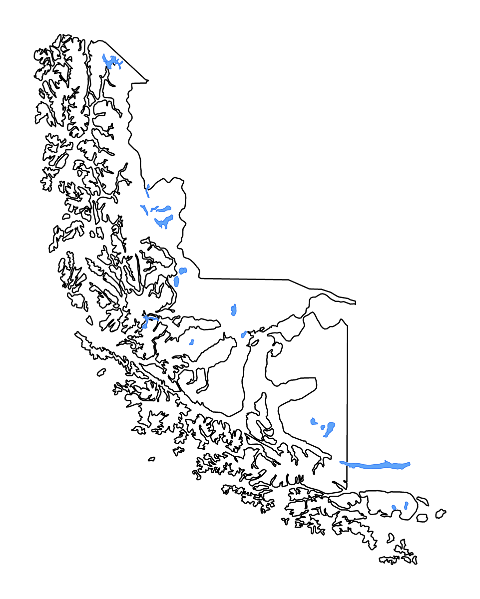 Mapa de contorno de Magellan and the Chilean Antarctic, Chile con lagos y ríos.