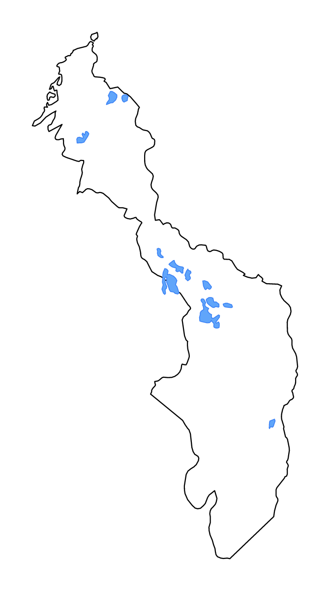 Mapa de contorno de Bolívar, Colombia con lagos y ríos.