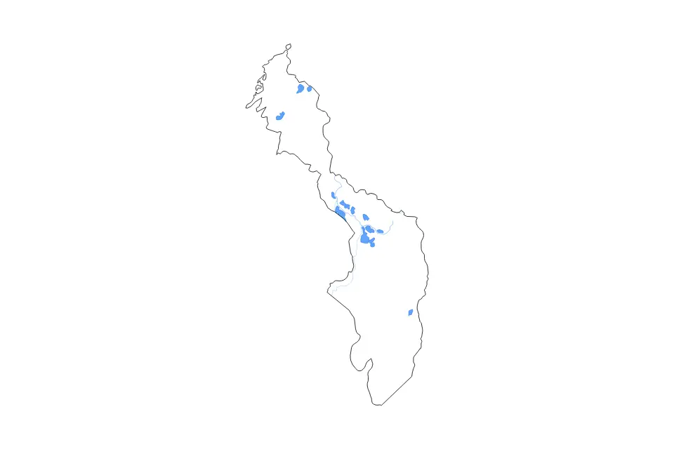 Mapa de Bolívar, Colombia de tipo contorno, lagos y ríos para América del Sur, con contorno, lagos y ríos con elementos de agua como Ciénaga Palanquillo, Ciénaga Grande, Ciénaga María La Baja y Ciénaga de Tupe.