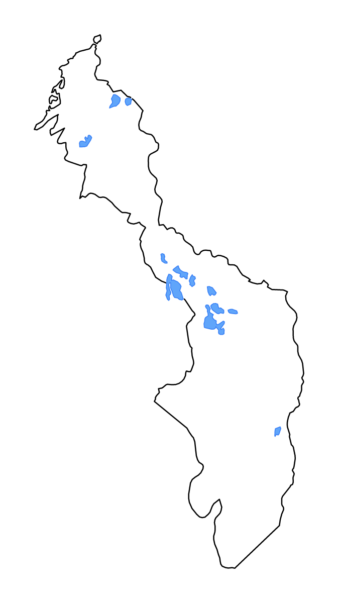 Mapa de contorno de Bolívar, Colombia con lagos y ríos.