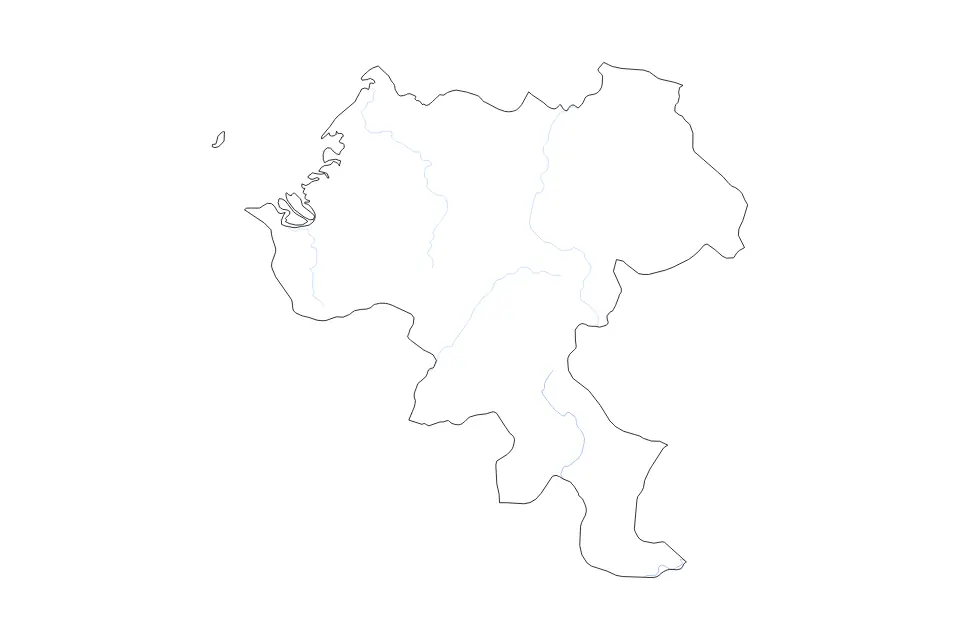 Outline map of Cauca Department, Colombia with subdivision borders and rivers.