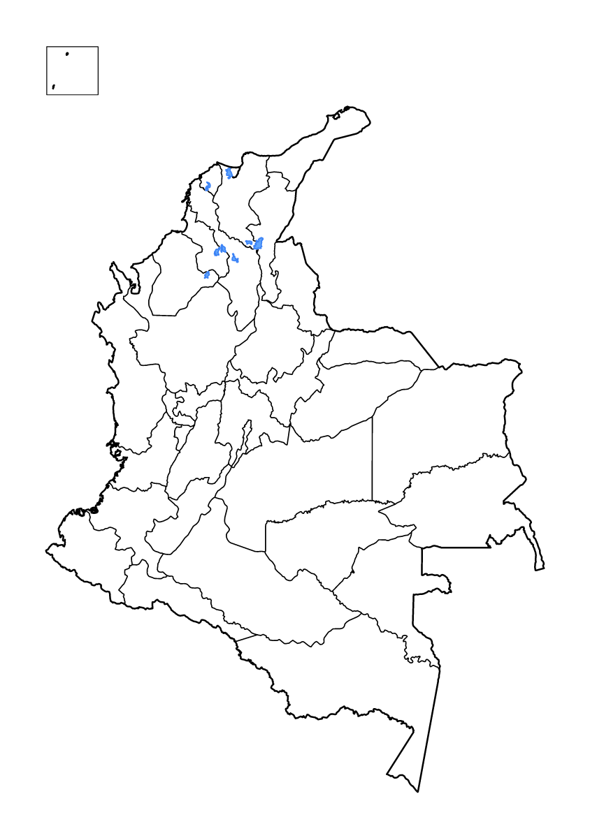 Mapa de contorno de Colombia con límites administrativos internos, lagos y ríos.