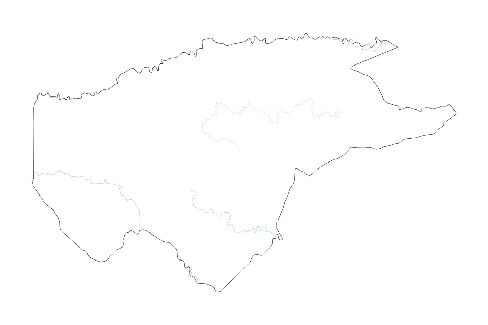 Outline map of Guaviare Commissiary, Colombia with subdivision borders and rivers.