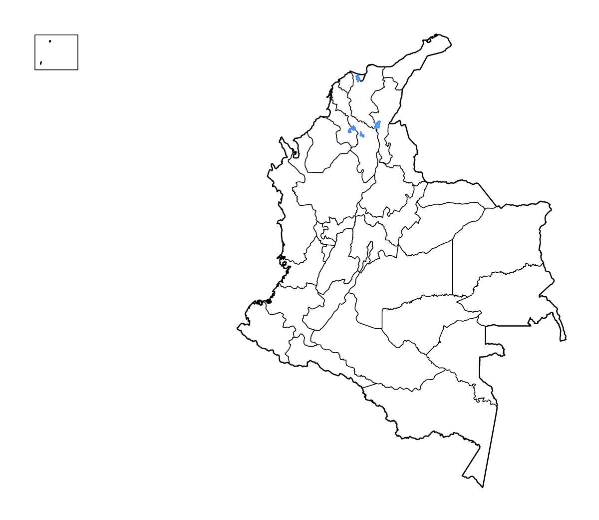 Carte de contour de Colombia avec limites administratives internes, lacs et rivières.