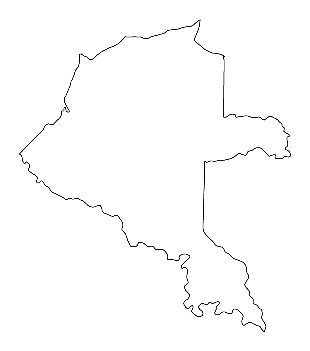 Mapa de contorno de Vaupés, Colombia con ríos.