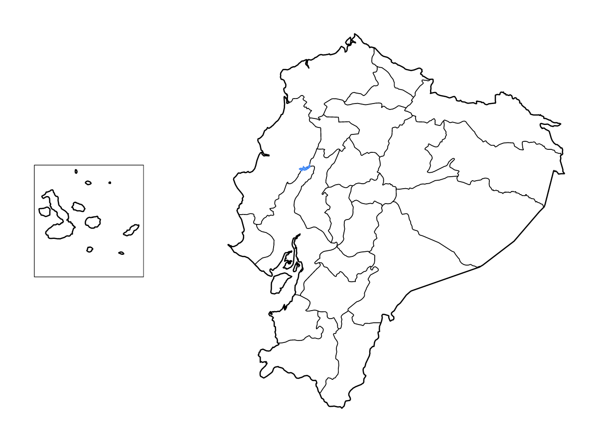 Carte de contour de Ecuador avec limites administratives internes, lacs et rivières.