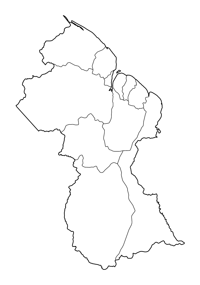 Mapa de contorno de Guyana con límites administrativos internos y ríos.