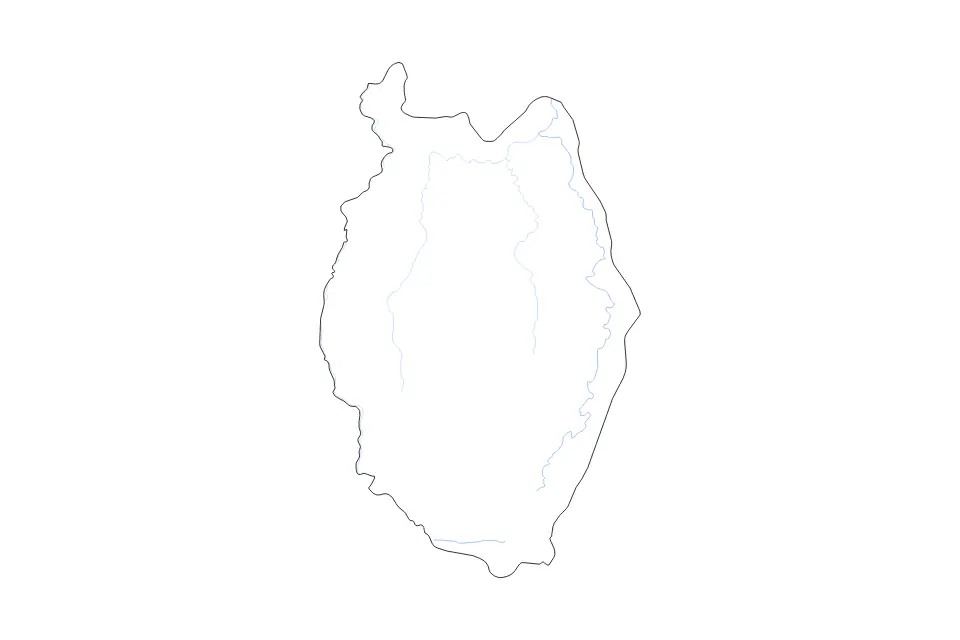 Outline map of Upper Demerara-Berbice, Guyana with subdivision borders and rivers.