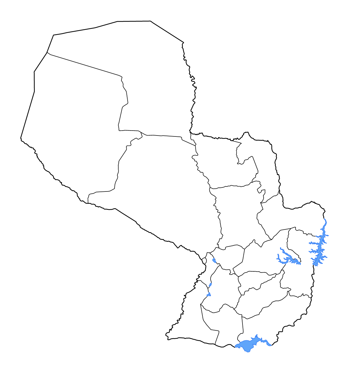 Mapa de contorno de Paraguay con límites administrativos internos, lagos y ríos.
