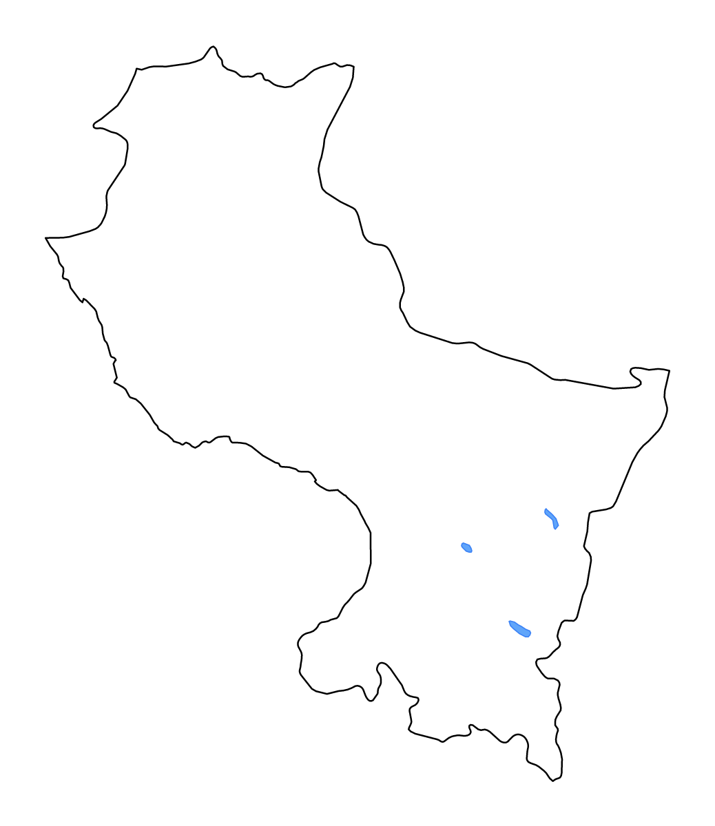 Mapa de contorno de Cusco Departament, Peru con lagos y ríos.