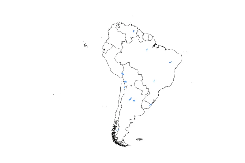 Mapa de contorno de South America con límites administrativos internos, lagos y ríos.
