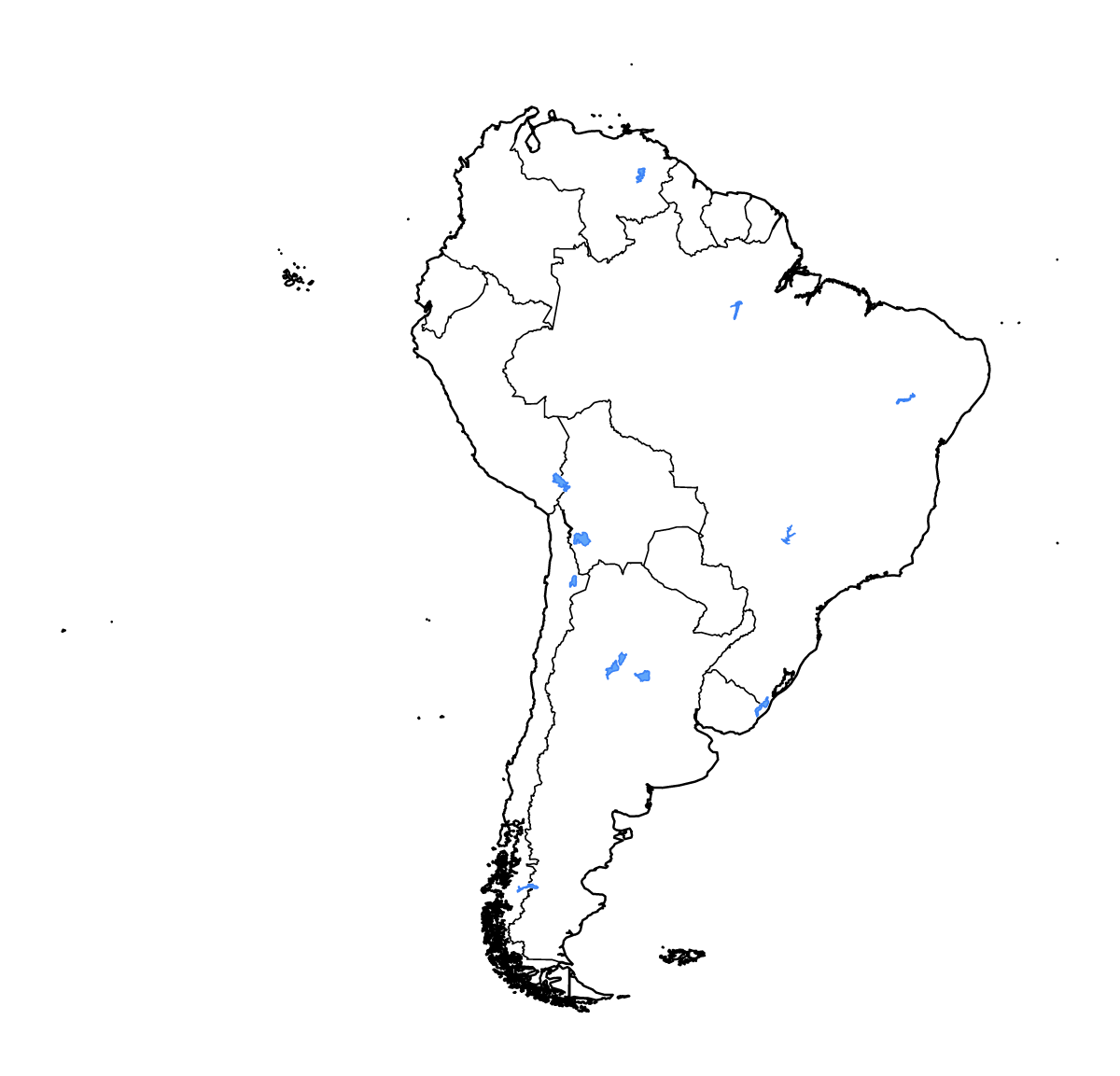 Outline map of South America with internal administrative boundaries, lakes, and rivers.