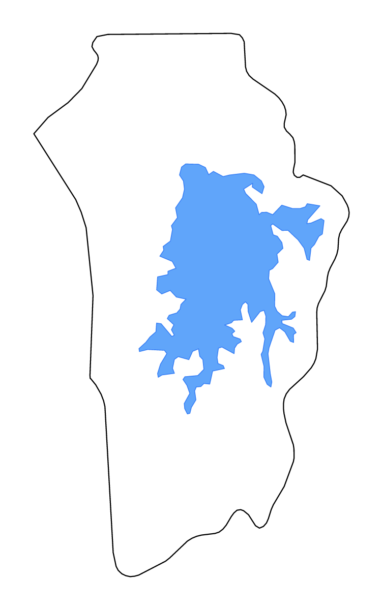 Mapa de contorno de Brokopondo, Suriname con lagos y ríos.