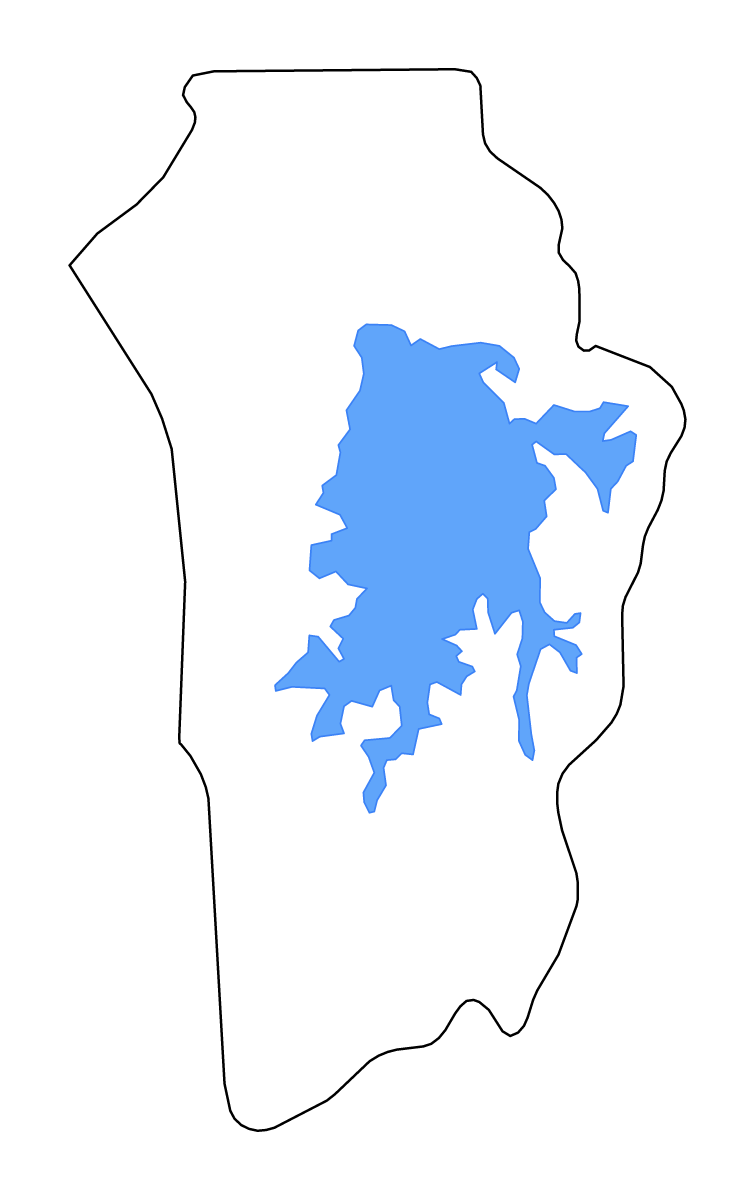 Carte de contour de Brokopondo, Suriname avec lacs et rivières.