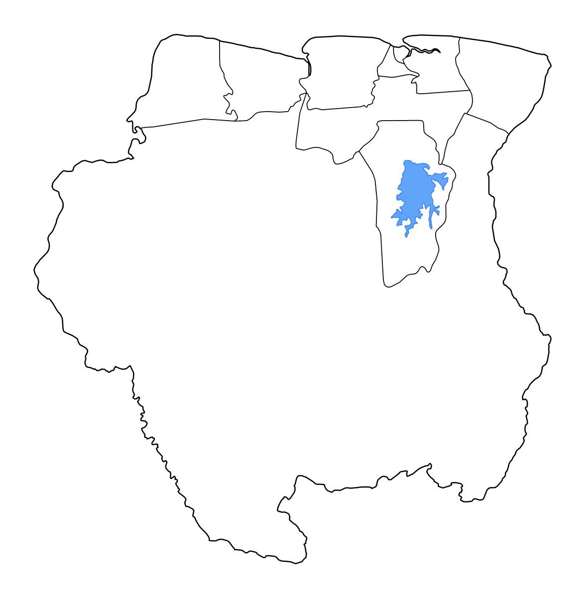 Mapa de contorno de Suriname con límites administrativos internos, lagos y ríos.