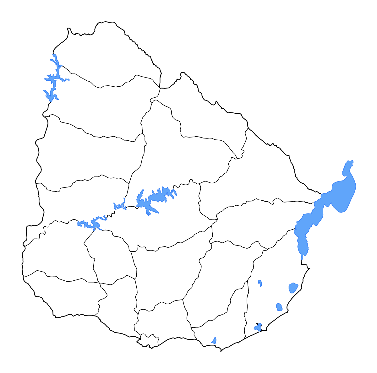 Carte de contour de Uruguay avec limites administratives internes, lacs et rivières.