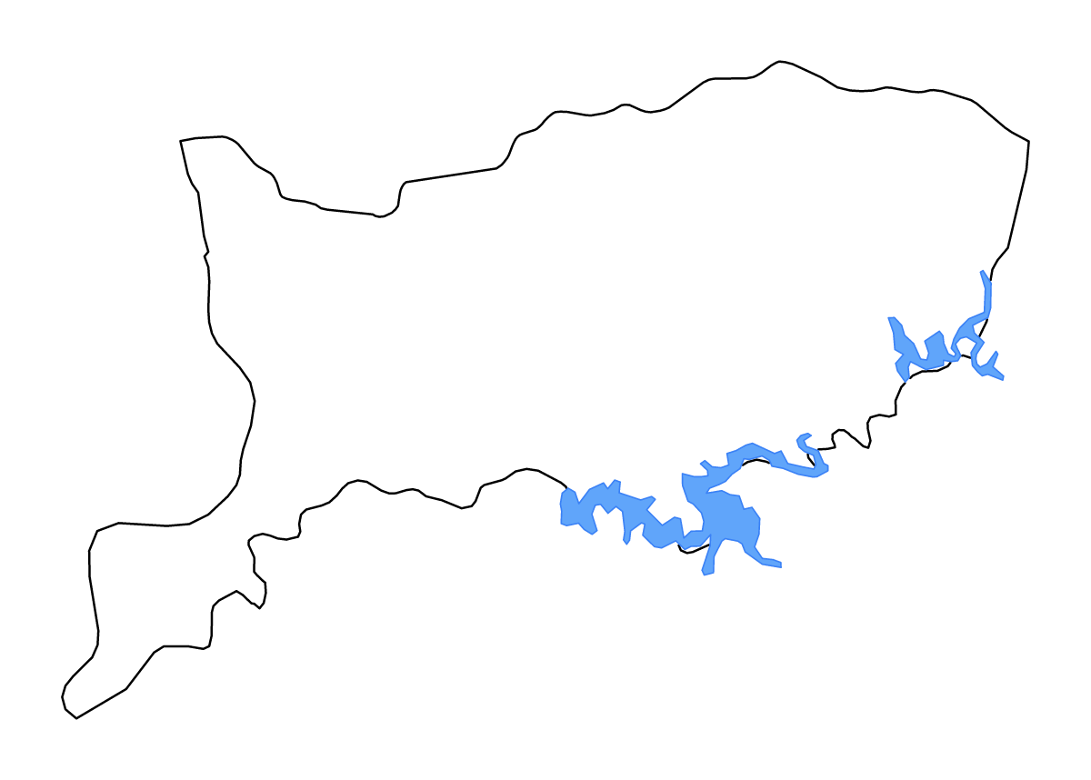 Mapa de contorno de Río Negro, Uruguay con lagos y ríos.
