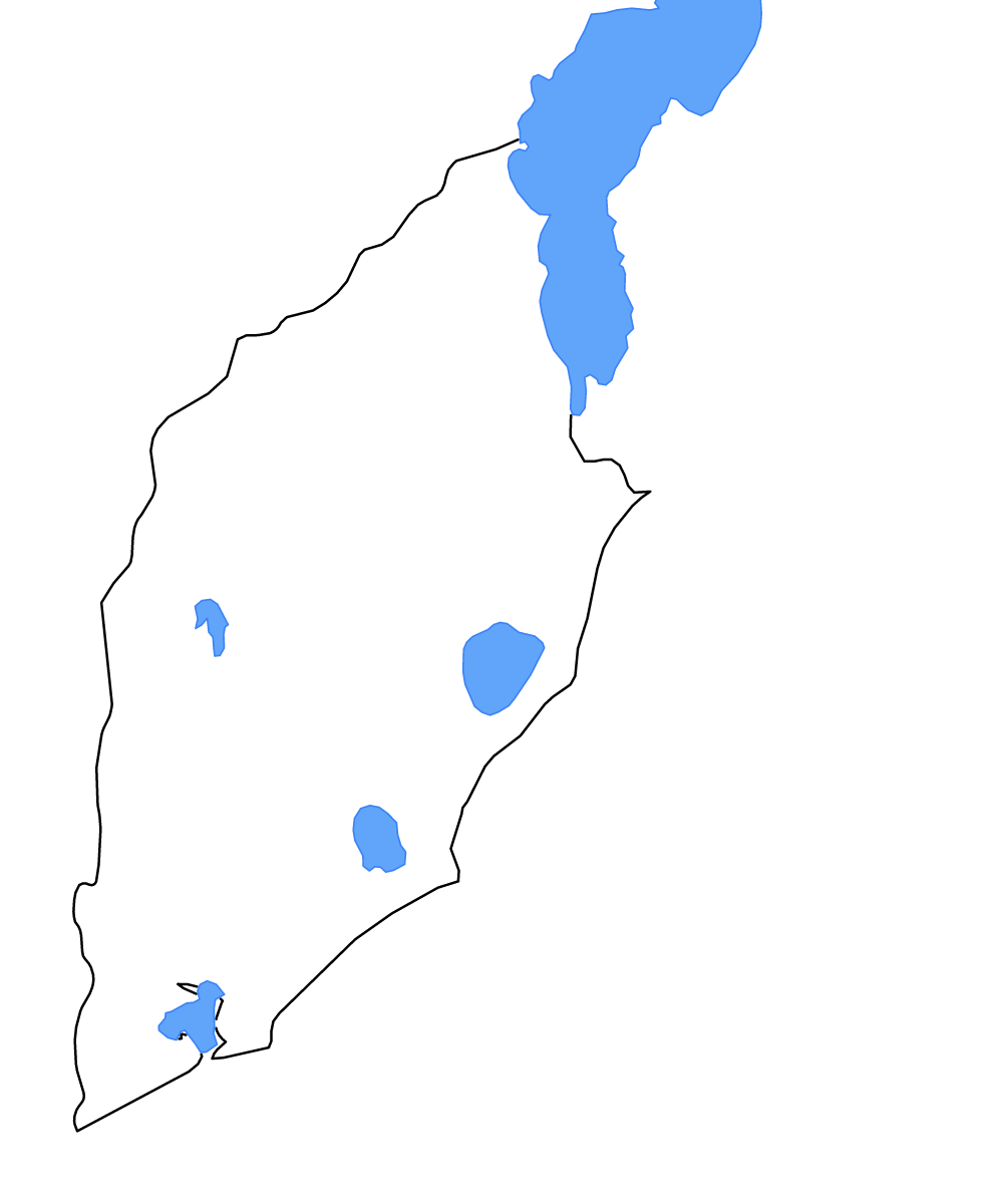 Mapa de contorno de Rocha, Uruguay con lagos y ríos.