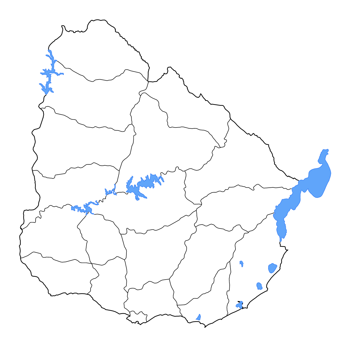 Mapa de contorno de Uruguay con límites administrativos internos, lagos y ríos.