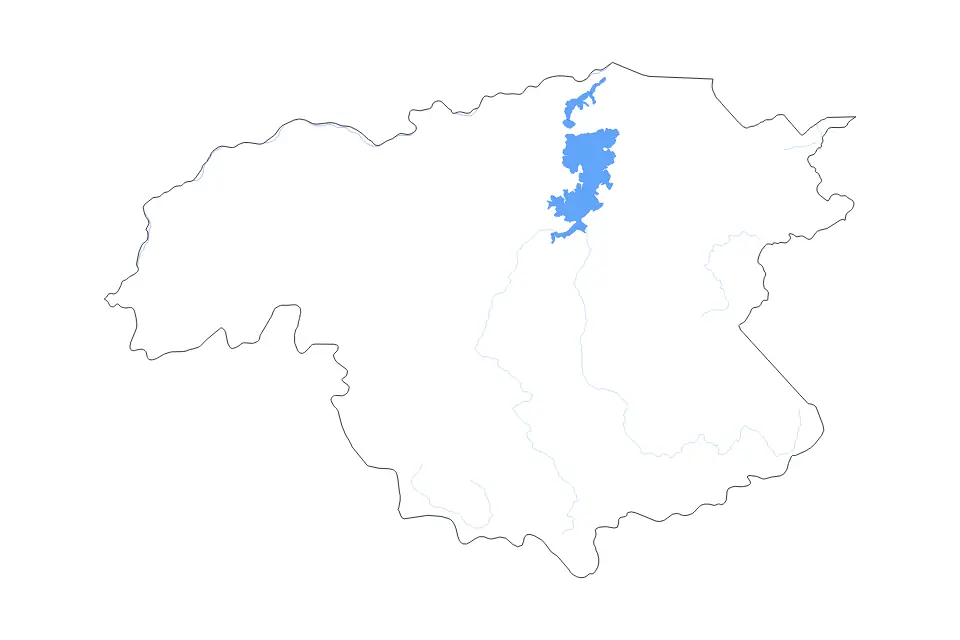 Mapa de Bolívar, Venezuela de tipo contorno, lagos y ríos para América del Sur, con contorno, lagos y ríos con elementos de agua como Embalse de Macagua, Embalse de Caruachi y Embalse de Tocoma.