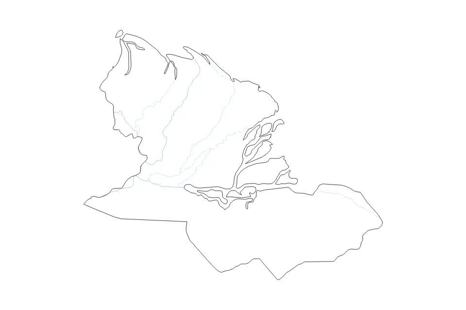 Mapa de Delta Amacuro, Venezuela de tipo contorno y ríos para América del Sur, con contorno y ríos con límites limpios.