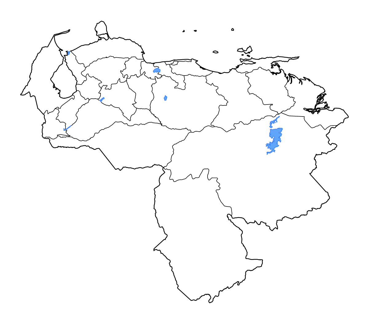 Mapa de contorno de Venezuela con límites administrativos internos, lagos y ríos.